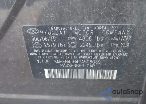 2016 Hyundai Azera Limited из США, поврежденный, VIN KMHFH4JG4GA508039